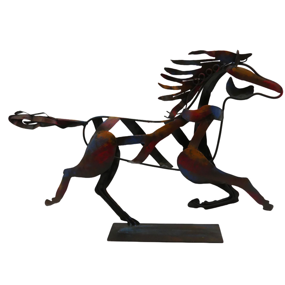 Vintage Galloping Metal Horse Sculpture Hand Painted Rustic Art Decor Statue